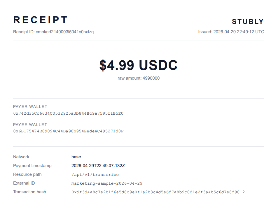 Sample Stubly PDF receipt showing payer and payee wallet addresses, network, USD-equivalent amount, payment timestamp, resource path, external ID, and transaction hash.